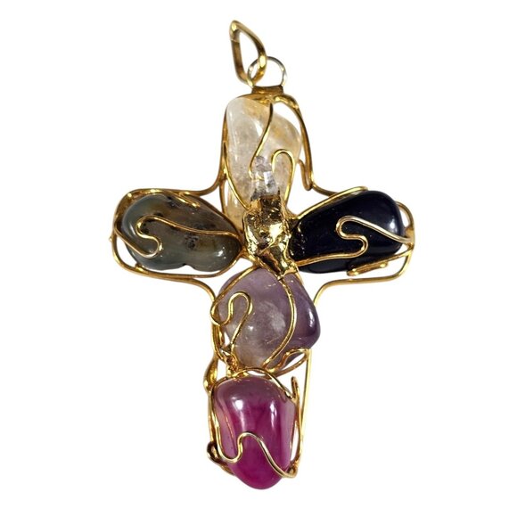 Unbranded Jewelry - Multi Stone Cross Pendant Gold Tone Wire Wrapped Amethyst Quartz Agate Boho 3in